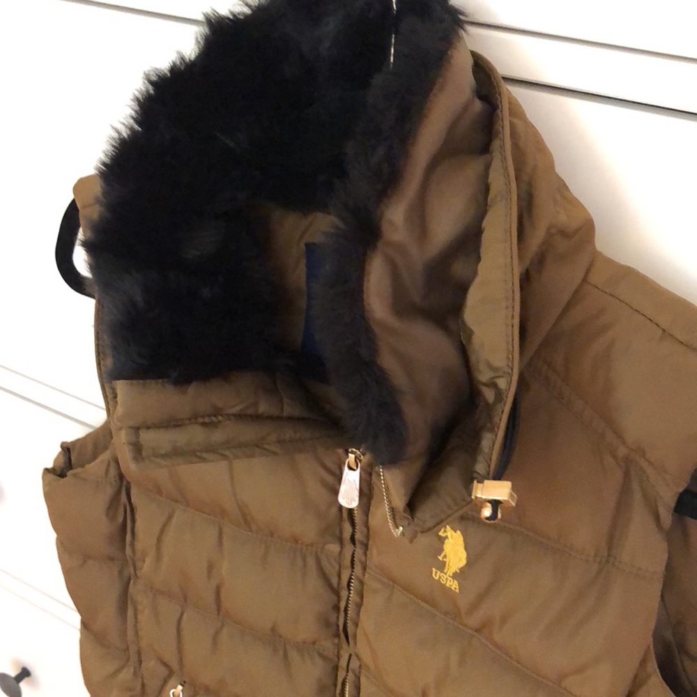 POLO Olive Brown Puffer Vest w/ Black Fur Neck - Picture 2 of 8